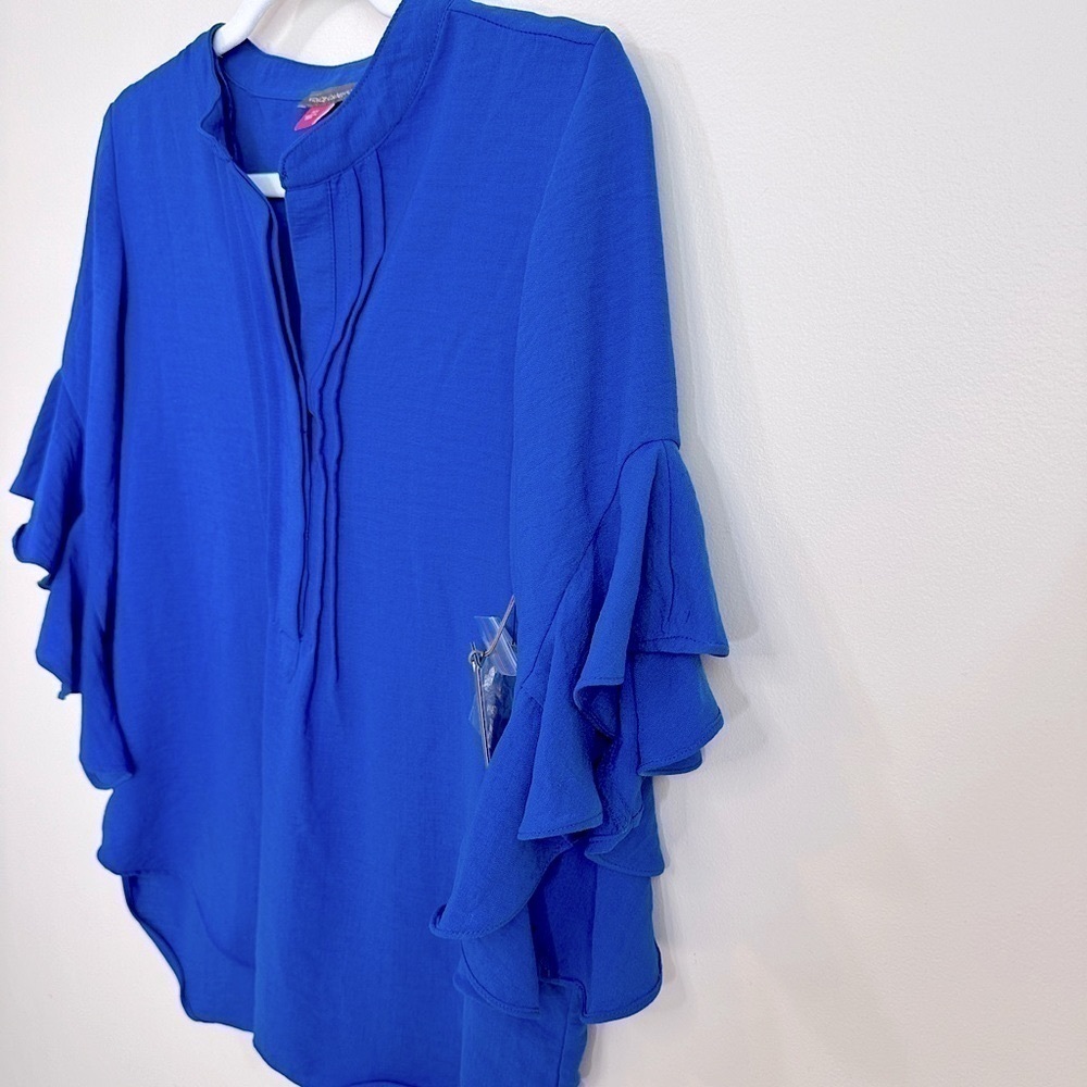 NWT Vince Camuto Split Neck Ruffle Sleeve Blouse Deep Azure Size XS - Picture 6 of 15